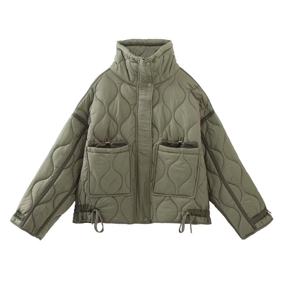Stand Collar Loose Quilted Cotton Jacket for Women