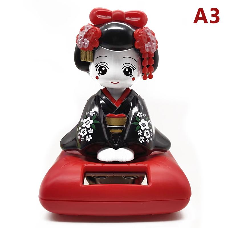 Solar Powered Japanese-Style Doll Car Ornament Kimono Girl Shaking Head Nod Head Cartoon Doll Dashboard Cute Car Decor