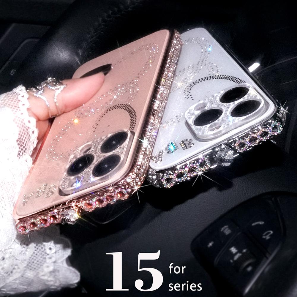 Colorful Diamond Border with Acrylic Material Lens Film Phone Case for iPhone 15 14 Plus 13 12 11 Pro Max XSMax 8 7 Plus Protective Cover