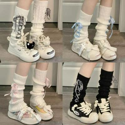 Woman Lolita Leg Warmer Autumn and Winter Ribbon Lolita Black Knee Warmers Long Socks JK Knitted Girl White Leg Warmers Stocking