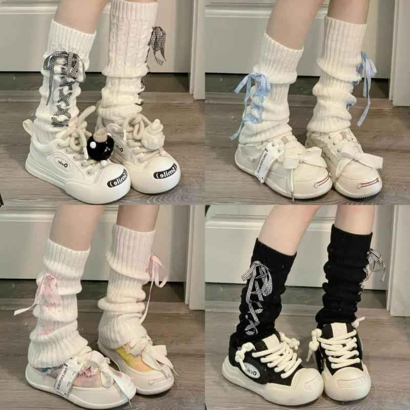 Woman Lolita Leg Warmer Autumn and Winter Ribbon Lolita Black Knee Warmers Long Socks JK Knitted Girl White Leg Warmers Stocking