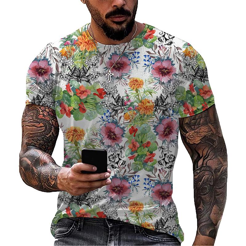 

Summer Round Neck 3D Flower Print Top Fashionable Casual Short Sleeved Men s T-shirts S