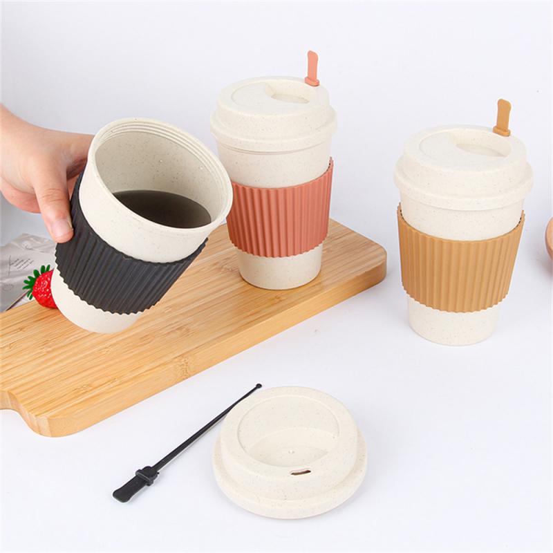 450ML Coffee Cups With Lids Wheat Straw Reusable Portable Coffee Cup Dishwasher Safe Coffee Mug Coffee Tea Travel Cups
