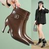 Thin heel Martin boots women's 2025 autumn and winter black short boots design sense belt buckle pointed high heel boots khaki cloth