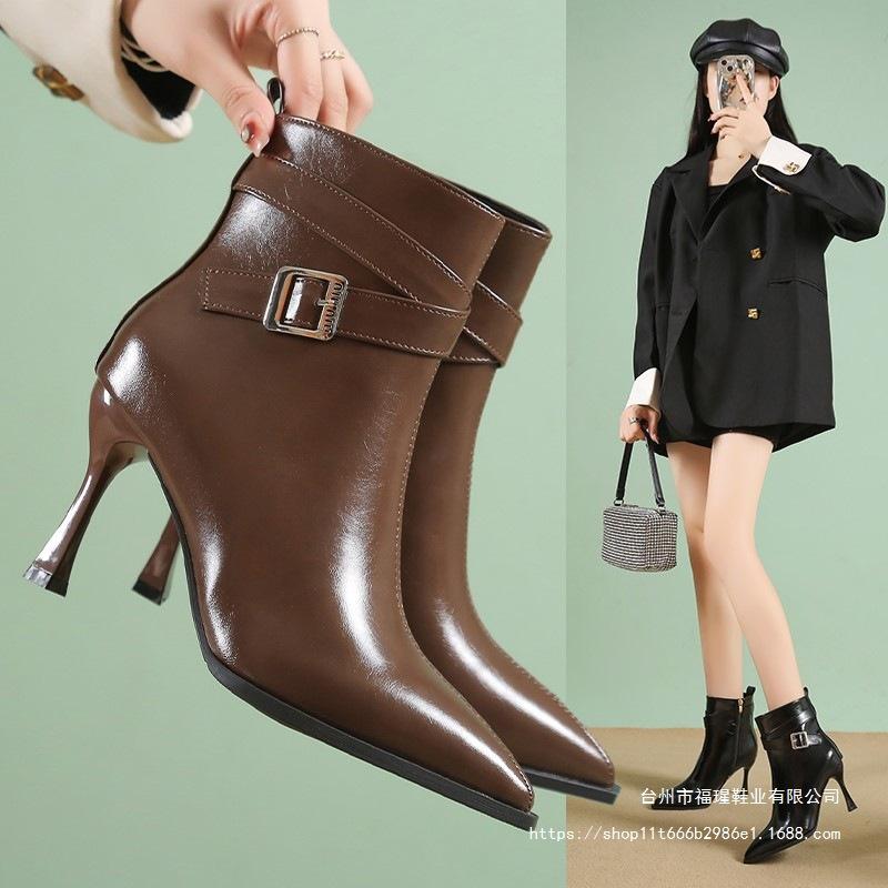 Thin heel Martin boots women's 2025 autumn and winter black short boots design sense belt buckle pointed high heel boots khaki cloth