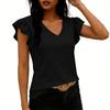 Women Fashion Casual Solid Color Ruffle Sleeve V Neck Short Sleeve Top Lightweight Comfortable Summer Shirt for Daily Wear