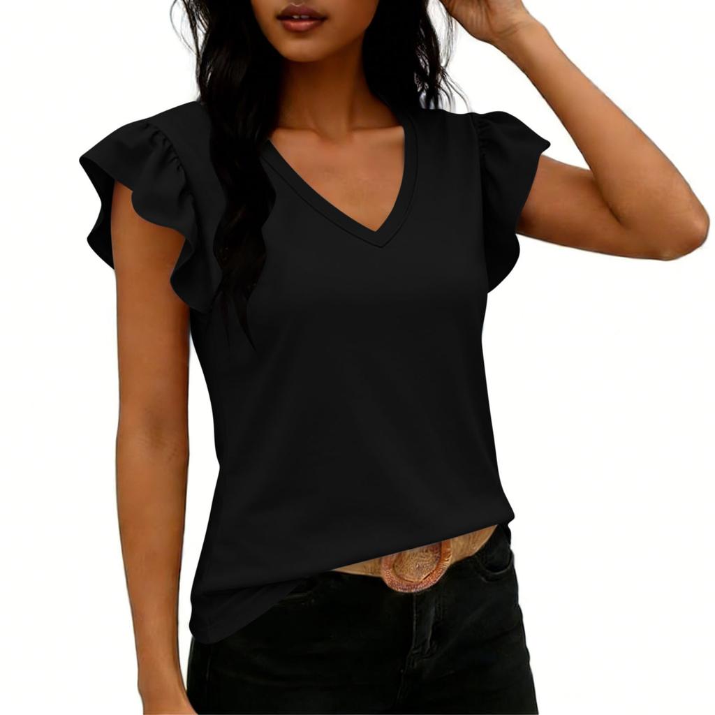 Women Fashion Casual Solid Color Ruffle Sleeve V Neck Short Sleeve Top Lightweight Comfortable Summer Shirt for Daily Wear