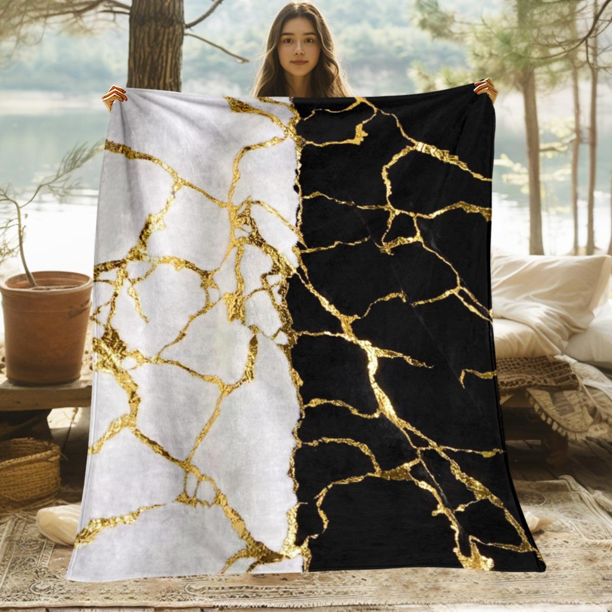 

Gold Marble Black White Fleece Blanket Soft Flannel Throw Modern Luxury Home Decor Art Print Bedding Gift For Adults Cozy Style 75x100cm