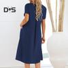 Women Dress Round Neck Short Sleeve Knee-Length Solid Color Dress with Pockets Loose Fit Summer Dress