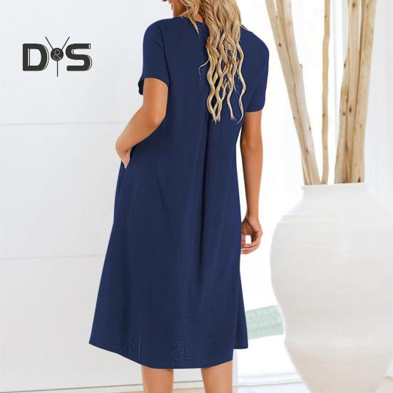 Women Dress Round Neck Short Sleeve Knee-Length Solid Color Dress with Pockets Loose Fit Summer Dress