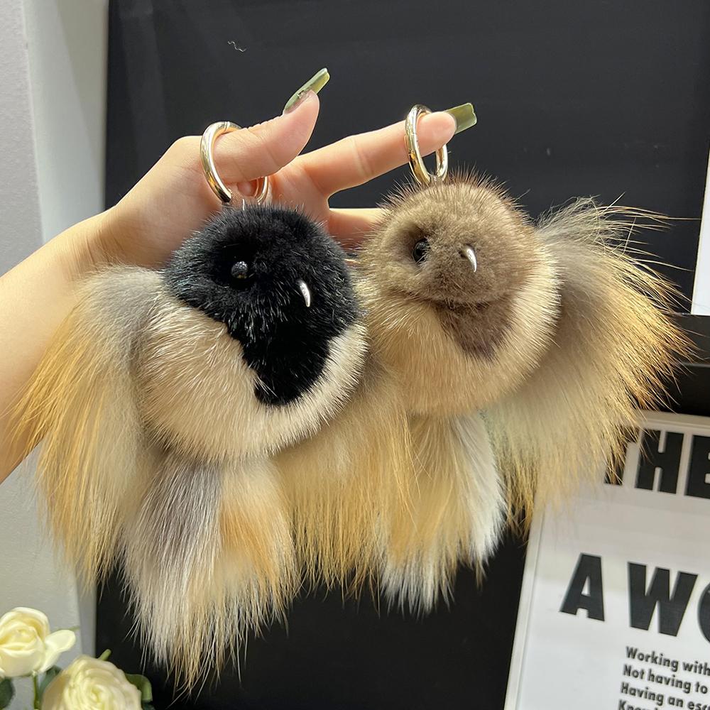 Mink Fur Keychain Men Annunciation Bird Pendant Keyring Bag Key Ornament Genuine Fur Toys Pom Pom Trinket Gifts Women
