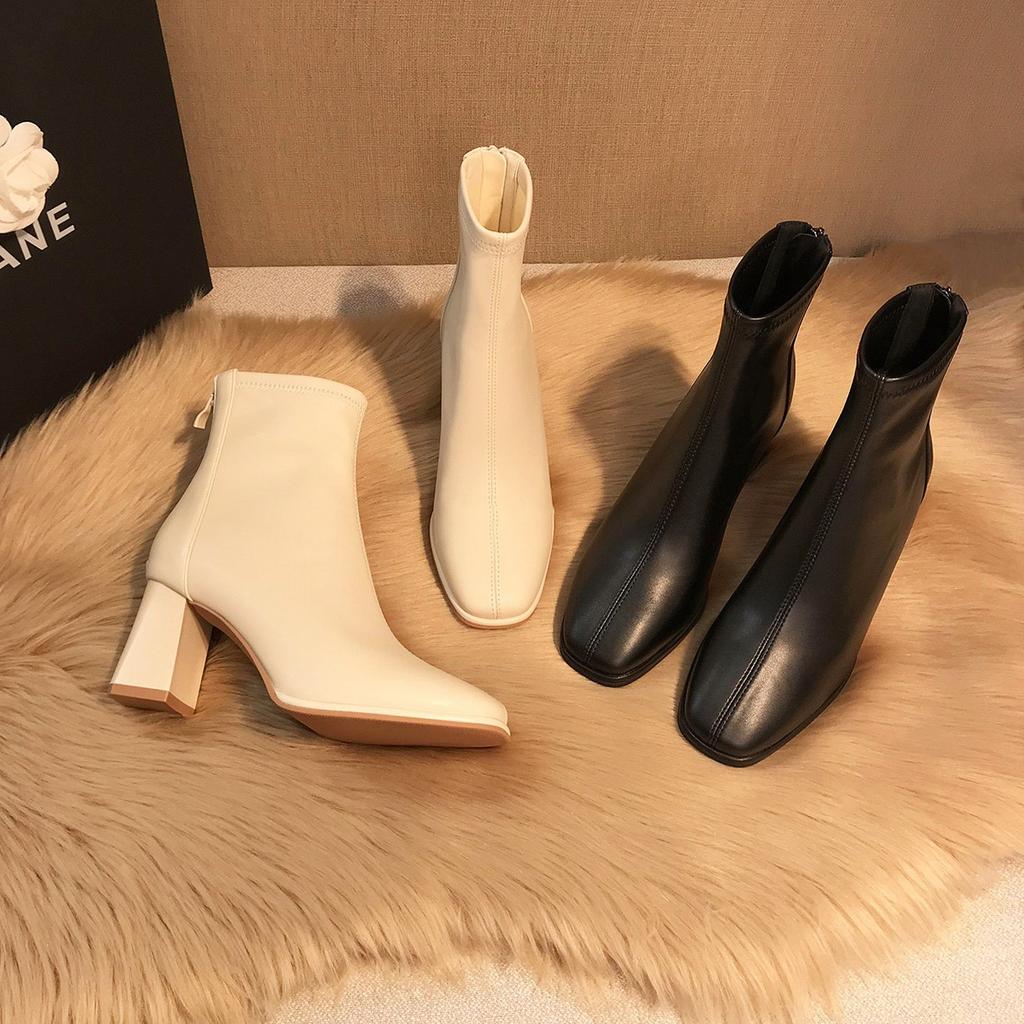 Versatile Short Boots! Skinny Boots Thick Heel Women's Autumn and Winter Velvet Square Head High Heel Cowhide Bare Boots 7cm Small Man Looks Tall