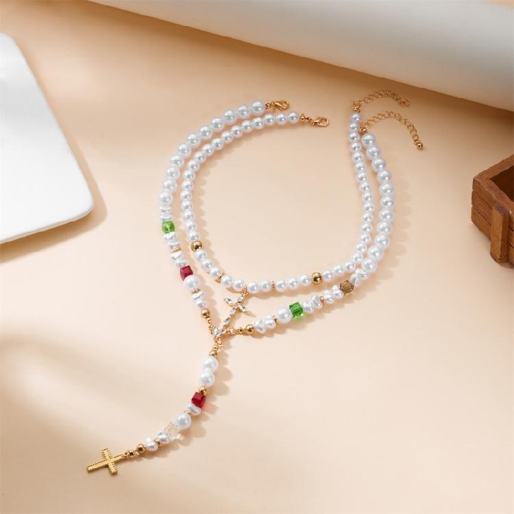 Collana con Perle Finte e Croci in Lega, Delicata sulla Pelle, Stile Retrò Francese, Catena Regolabile per l'Uso Quotidiano