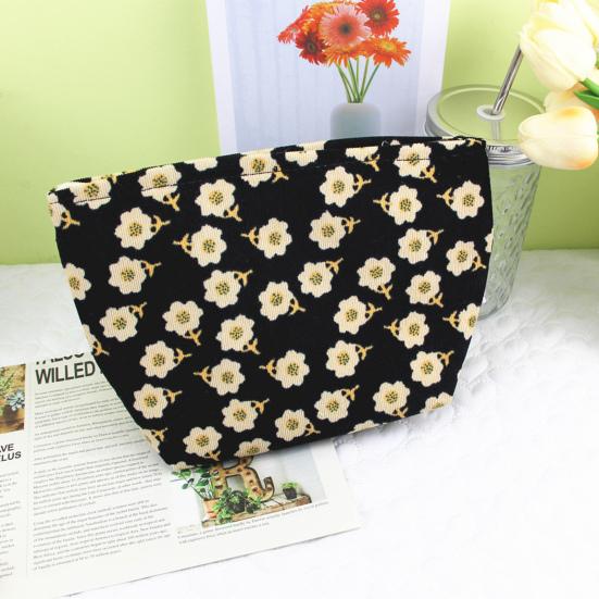 Flower Print Corduroy Cosmetic Bag Large Capacity Portable Smooth Zipper Multifunctional Travel Toiletry Makeup Lipstick Coins Phone Storage Pouch