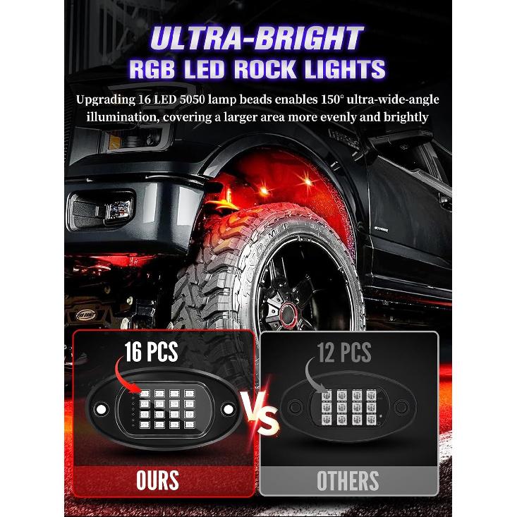 8 Pods RGB LED Rock Lights with APP/RF Remote Control High Brights Waterproof Underglow Multicolor Zone Neon Exterior Rock Lights for 12V Trucks Jeep