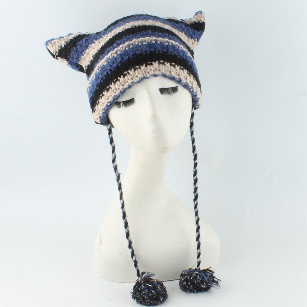 Crochet Stripe Pattern Cat Ear Hat with Pom Pom Winter Knitted Hat Winter Christmas Presents for Students Teenagers