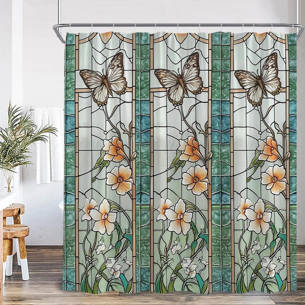 Stained Glass Garden Shower Curtain Butterfly Flowers Church Colored Painting Glass Wall Art Bath Curtain Aesthetic Bath Curta