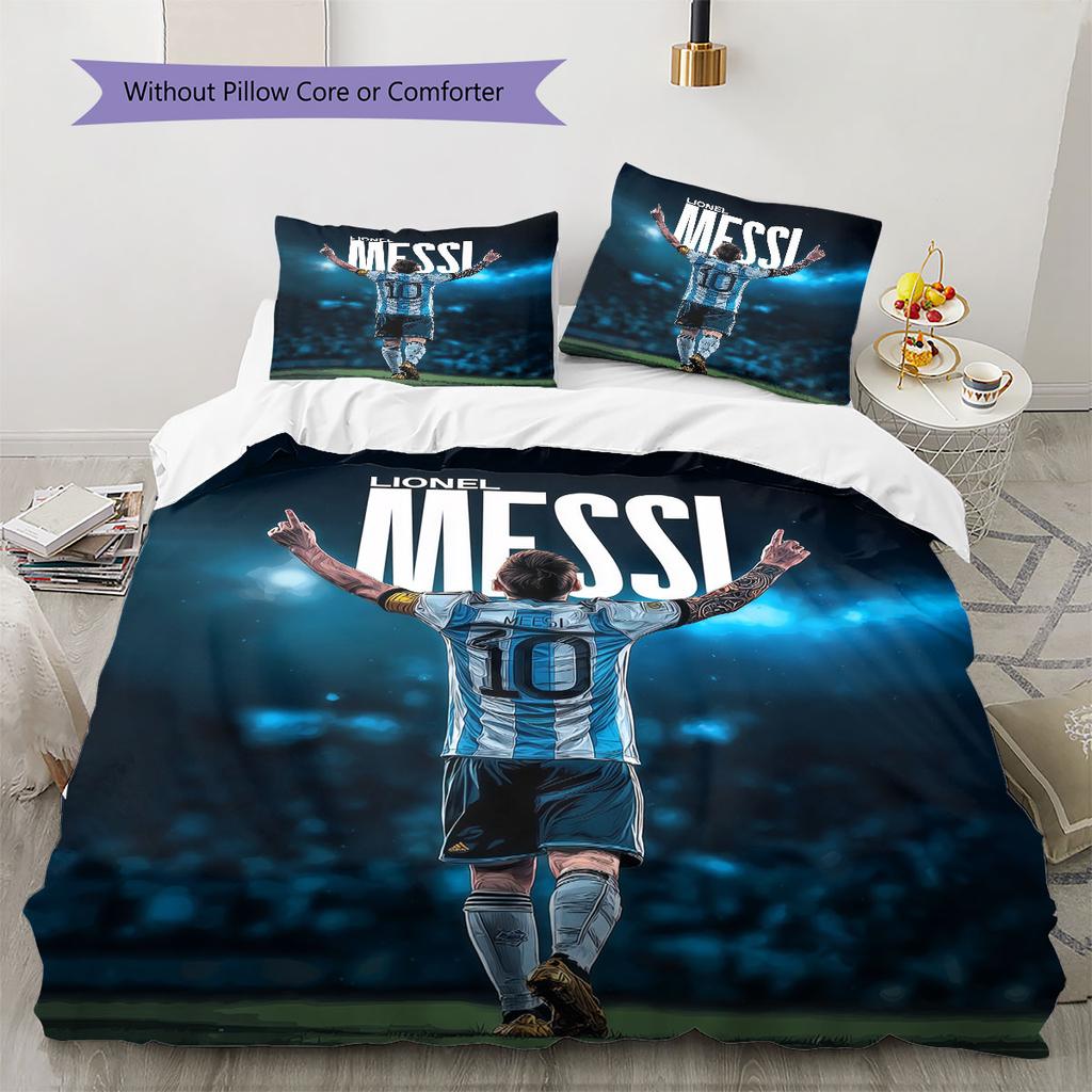 Lenjerie de pat cu model Lionel Messi Decorațiuni pentru casă Cadou de ziua de naștere (1 * husă de pilotă + 2 * fețe de pernă, fără miez),merchandise pentru fani.