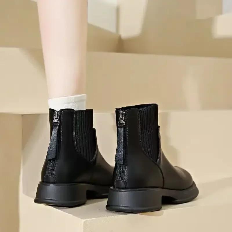 Fashion Elegant With Medium Heels Woman Short Shoes Winter 2024 Ankle Boots for Women Round Toe Chic Trend On Offer Promotion Pu Booties