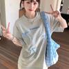 Aesthetic Vintage Short Sleeve T-shirt Women Summer Bow Elegant Loose Oversize Fashion Tops Female Grey Fashion Design Casual Pullover