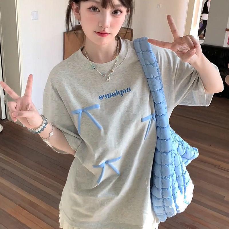 Aesthetic Vintage Short Sleeve T-shirt Women Summer Bow Elegant Loose Oversize Fashion Tops Female Grey Fashion Design Casual Pullover