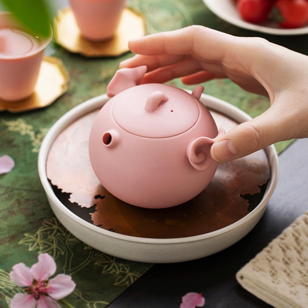 Yixing Purple Clay Teapot Handmade Ball Hole Filter Xishi Tea Pot Pink Pig Shaped Chinese  Zisha Tea Set Kettle With Tea Cup