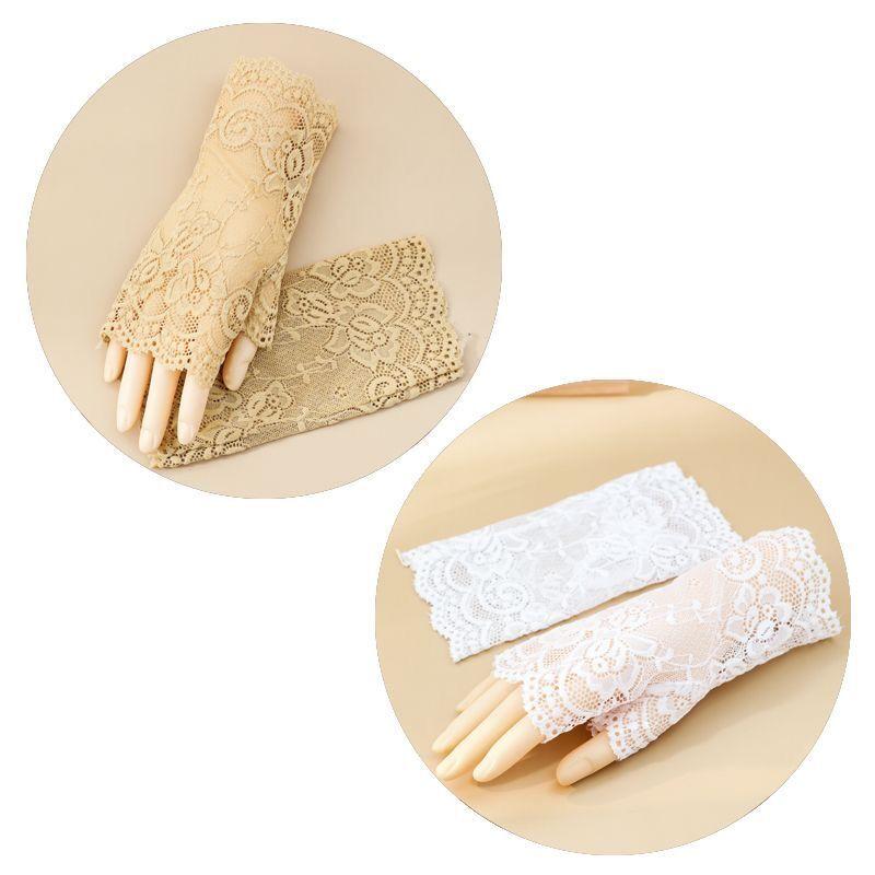 

Summer Thin Half Finger Gloves Women Open Finger Lace Mesh Finger Leakage Gloves Outdoor Cycling Sun Protection Hand Guard Breathable Half finger skin color + White (2 pairs) One size
