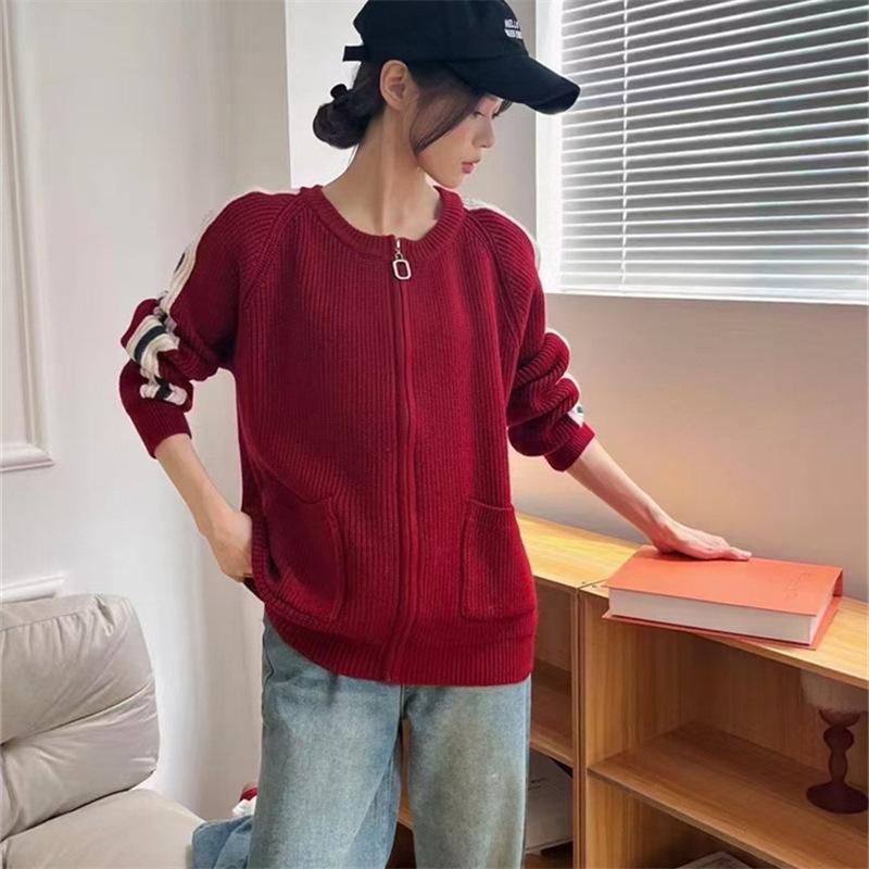 Retro color matching crew neck zipper sweater jacket women's autumn and winter new loose lazy wind knitted cardigan top