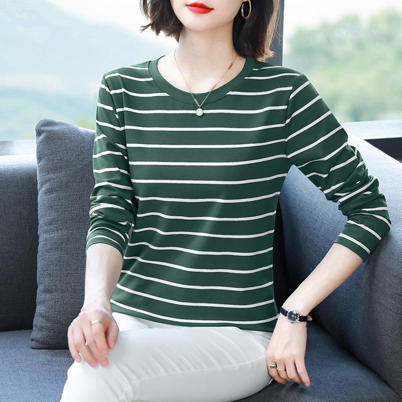 Women Plus Size Striped Long Sleeve T-Shirt O-Neck Cotton Loose Casual Fall Basic Base Top M-5XL