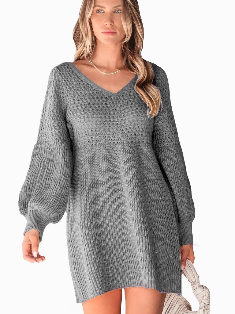 Rochie Tricotată Retro cu Mâneci Lanternă și Decolteu în V - Stil European și American de Toamnă/Iarnă