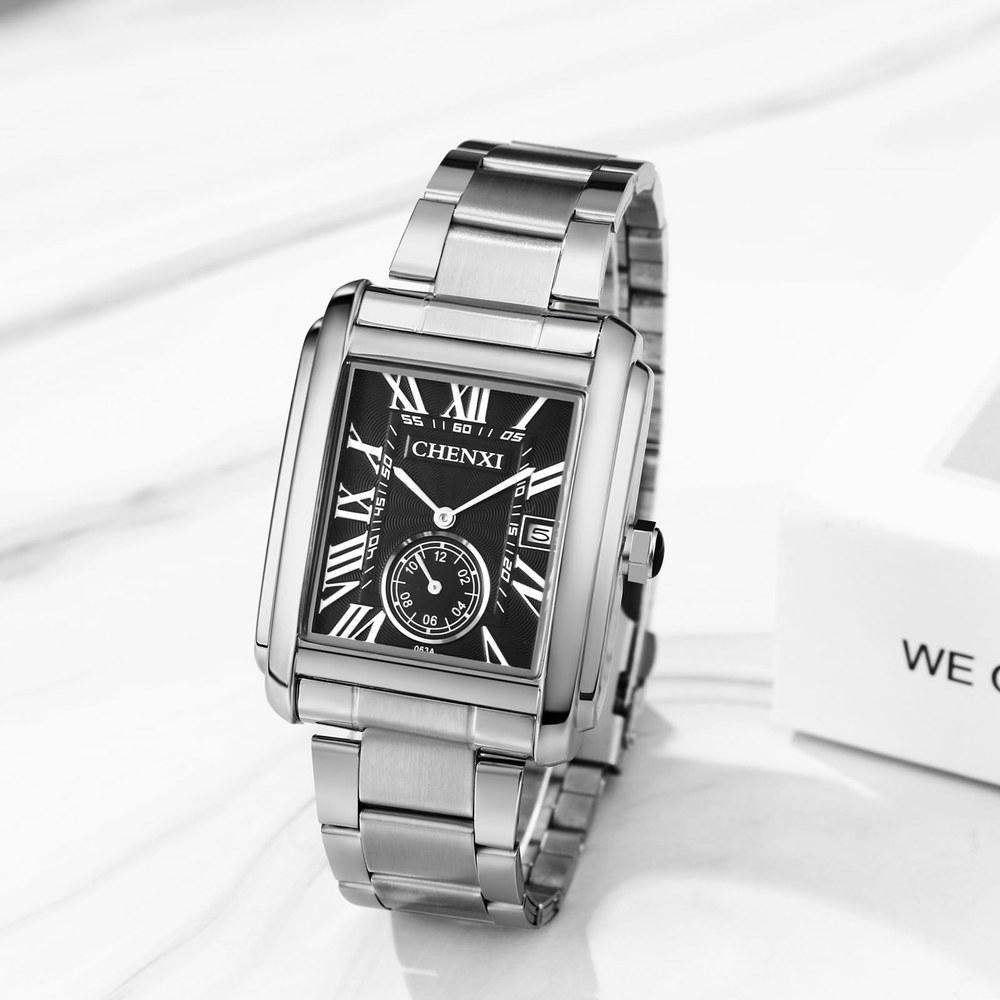 JewelryWe Men's Square Quartz Watch 3ATM Water Resistant Stainless Steel Band Roman Numerals Analog Calendar Casual Stylish Silver Gift for Boyfriend