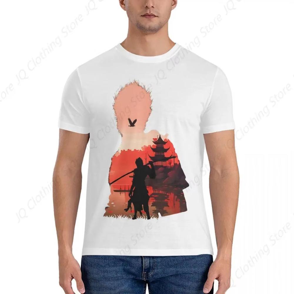 Men Negative Illusion Photographic Print T Shirts Black Myth Wukong Pure Cotton Clothing Cool Short Sleeve Round Neck