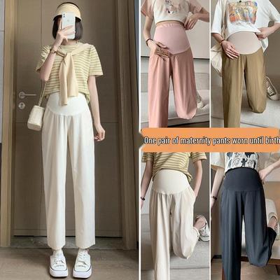Petite Maternity Elastic Cotton-Linen Pants, Nine-Point Straight Leg, Spring/Autumn Style