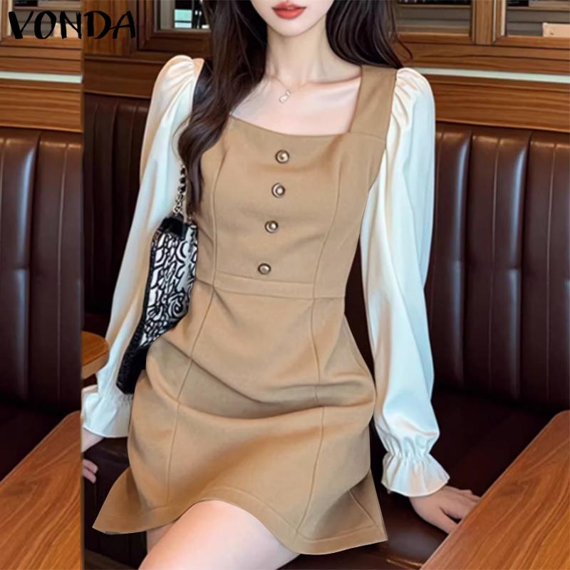 VONDA Women Casual Long Sleeve Square Neck Colorblock Dress
