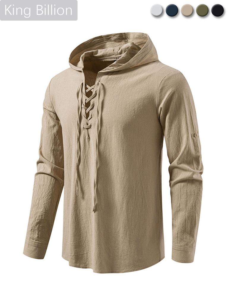 Herren Schnürhemd mit Kapuze Langarm Lässiges Retro Oberteil für Herren Frühling Herbst Mode Mehrfarbig Herrenbluse