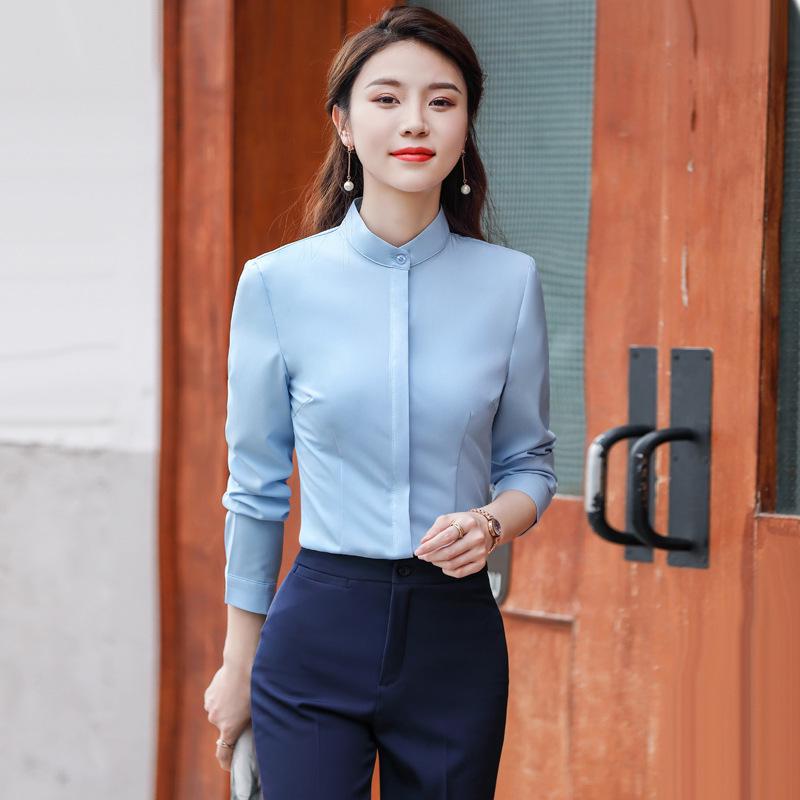 Women's Professional White Stand-up Collar Long Sleeve Uniform Shirt