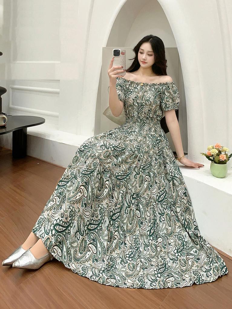 2024 Women's Beach Dress Short Sleeve Floral Dress Cotton Travel Vacation Bohemian Skirt Summer Halter