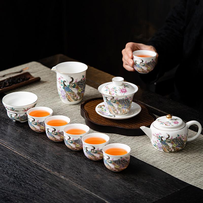 Leather box suet jade peacock kung fu tea set hover cover bowl phoenix pot gift box set high-end office gift