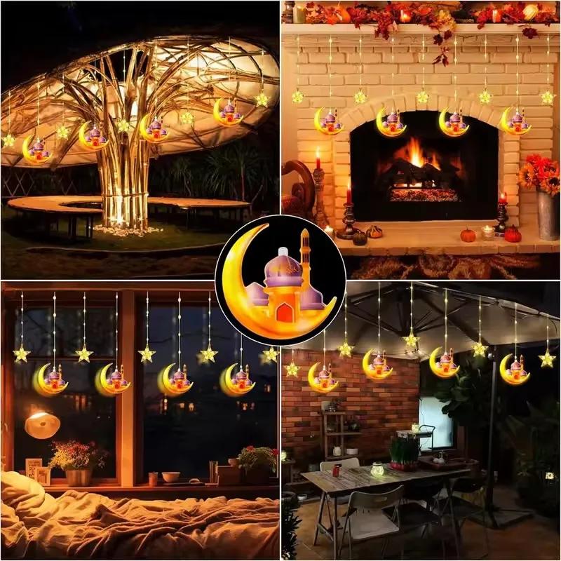 Ramadan String Lights LED Curtain with Moon Castle for Eid Mubarak Celebration Islamic Festive Window Decor Home Atmosphere
