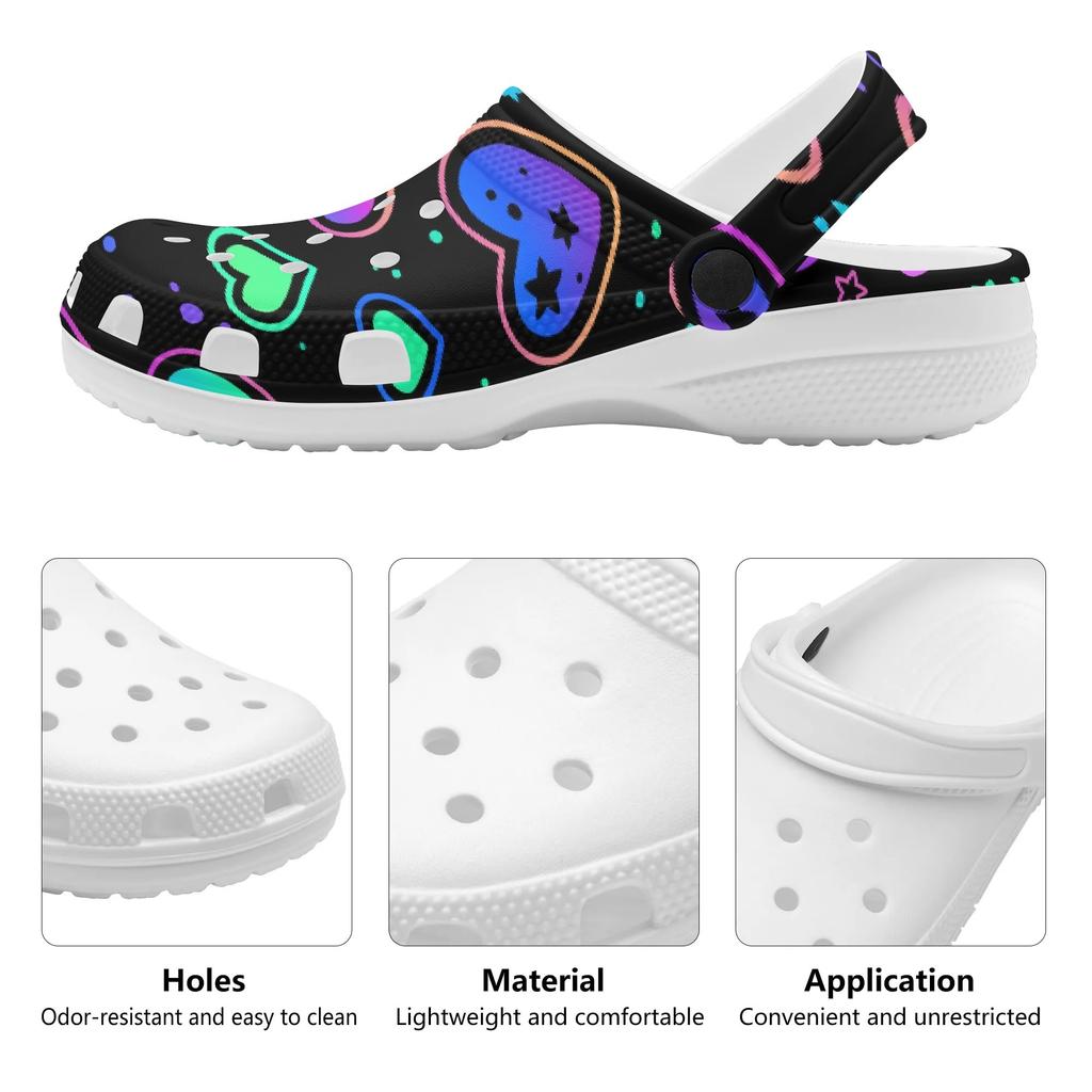 White EVA Clogs with Candy Heart Print, Lightweight Slip On Garden Shoes, Breathable Beach Sandals, Indoor Outdoor Slippers for Men Women
