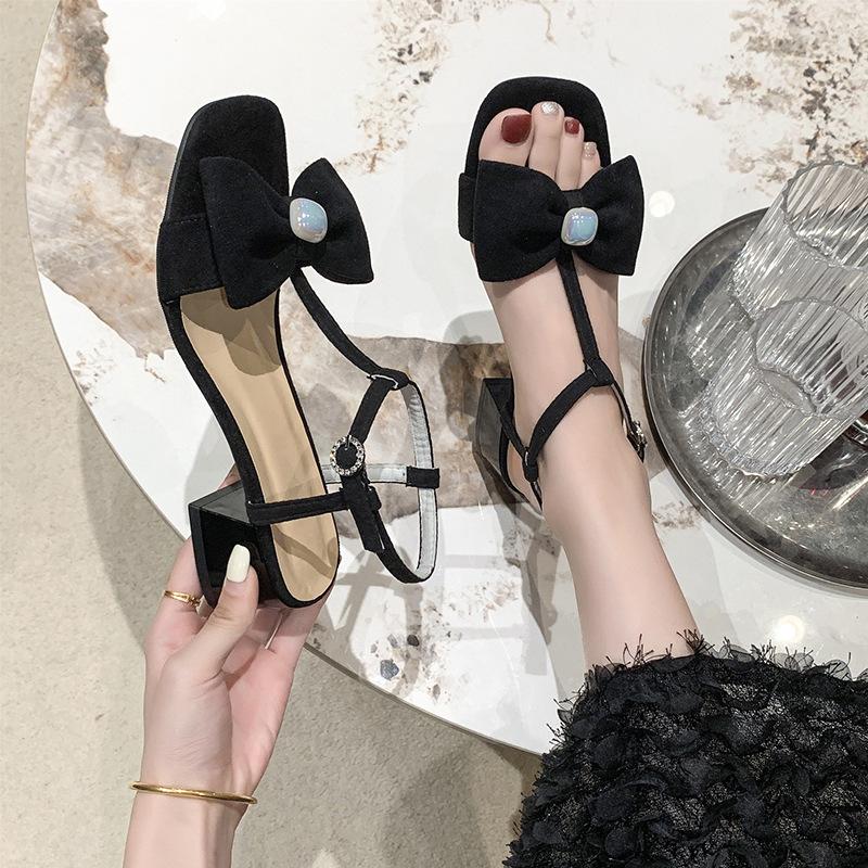 High Heels Women's Summer 2025 New Pearl Bow with Hollow Square Head Middle Heel Fashion Sandals Women