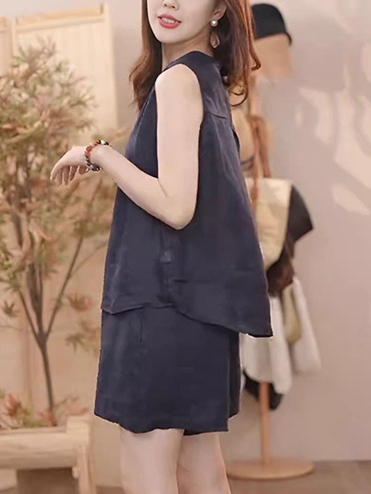 Dam Sommar Linne Slimmande Tvådelad Set: Ärmlös sporttröja & shorts