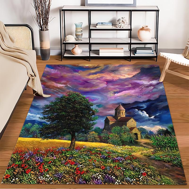 Colorful Landscape Carpet with Church, Tree, Flowers, and Vibrant Sky. Suitable for use as an anti-slip for living room bedroom sofas