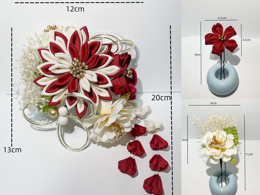 Inari Shoji Tsumami Zaiku Mizuhiki Dried Flower Hair Ornament Set for Ceremonies and Graduations (3 Pieces) Coming-of-Age (Red)
