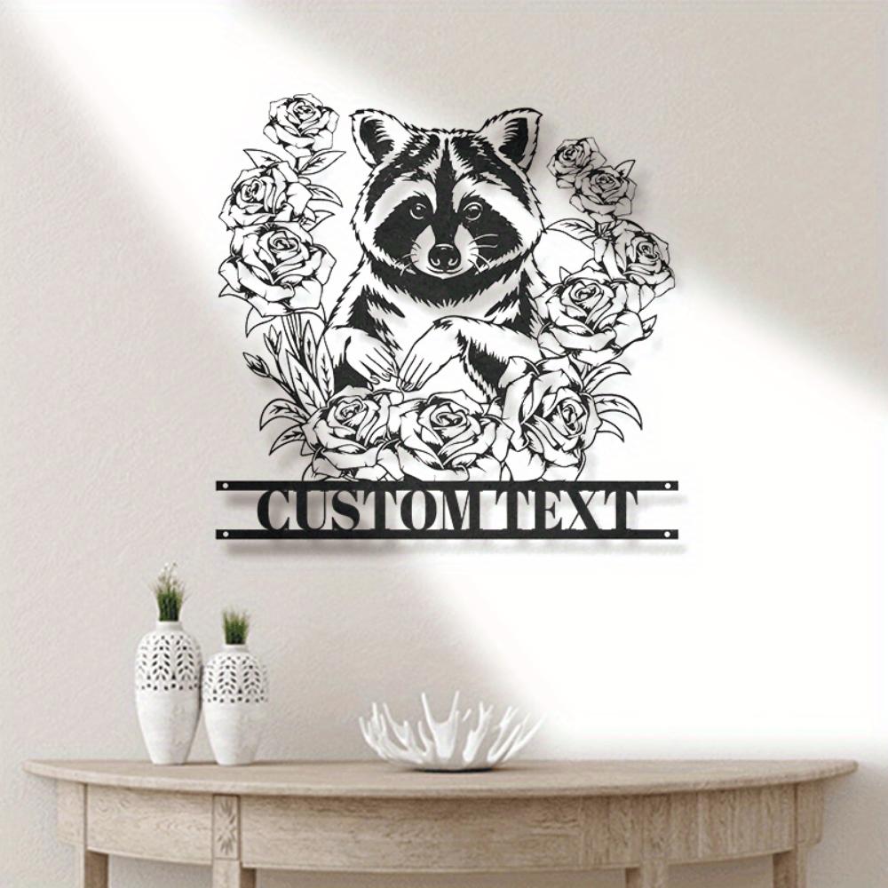 Custom Raccoon Floral Metal Wall Art, Personalized Name Sign for Garden Front Door, Unique Handmade Home Decor