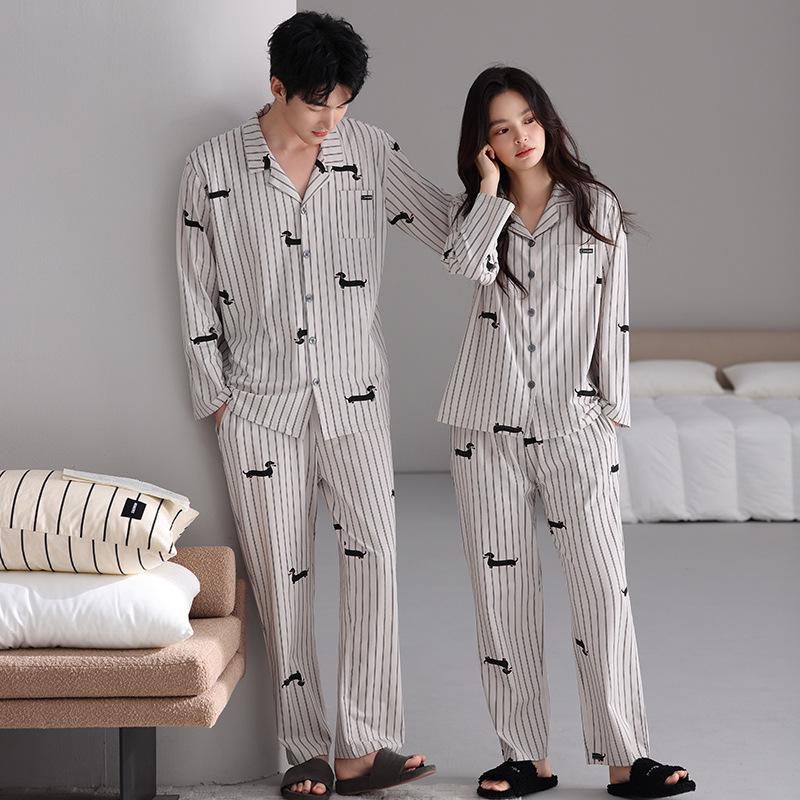 Women's Ribbed Cotton Couple Pajamas Set - Long Sleeve & Pants, Autumn Cartoon Striped Homewear, Wearable Outdoors