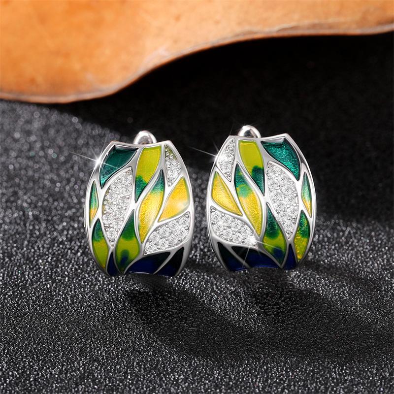 Huitan Temperament Women's Hoop Earrings for Anniversary Party Leaf Design Enamel Earrings Special-interested Jewelry
