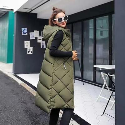 Baumwollweste für Damen, Herbst und Winter, mit Kapuze, verdickte warme Jacke, ärmellos, langer Abschnitt, locker, bequem, winddicht