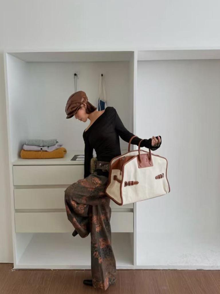 Large capacity travel casual tote bag women luxury leather shoulder bag canvas leather bucket handbag office fashion bag