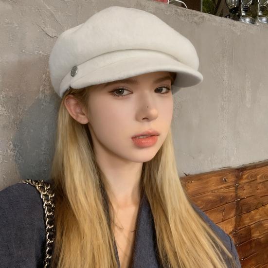 Women Beret Hat Solid Color Dome Top Style Painter Hat with Short Brim Warm Headwear Winter Fashion Accessory